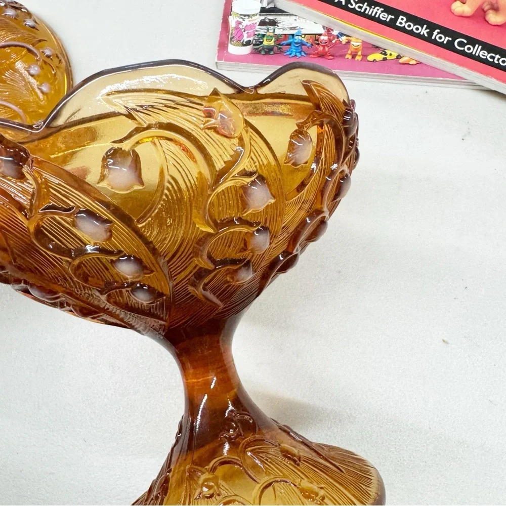 Vintage Fenton Amber Opalescent Lily of the Valley Lidded Pedestal Candy Dish